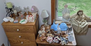 lot 63 image: Vintage Blue Glass Lamp and Shade, Plus Variety of Knick Knacks, Dolls, Bears and More