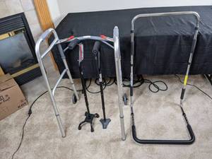 lot 54 image: Aluminum Walker, Hand Bed Rail, Quad Cane and Tri-Cane