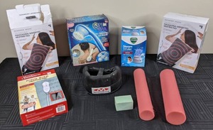 lot 56 image: Ahhhhh Lot Sharper Image Weighted Massaging Heating Pad, Sunbeam King Size Heating Pad, Spin Spa Brush and More