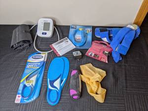 lot 228 image: Omron Upper Arm Blood Pressure Monitor, Dr. Scholls Gel Inserts, Purse Mate, Digital Timer, Quick Carry Bag Handle, Neoprene Walking Weight
