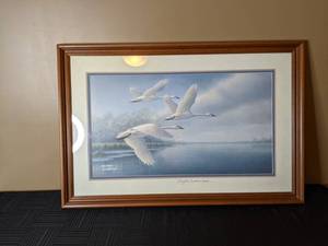 lot 73 image: Handmade Frame with Swan Print Fanfare by James A. Meger