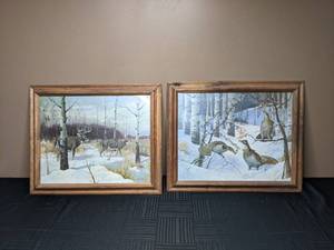 lot 234 image: (2) Les Kouba Framed Artwork - Ruffed Grouse and Deer
