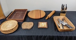 lot 139 image: Wooden Rolling Pin - Wicker Paper Plate Holders - Woven Basket - Knife Set with Knife Block - Assorted Knives - Wooden Cake Platter