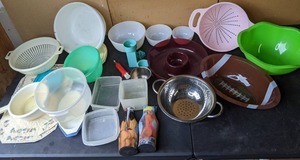lot 211 image: Bounty of Bowls  Anchor Hocking, Tupperware, Football-Shaped, Chip and Dip, Colanders and More