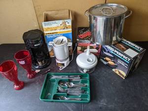 lot 213 image: Mixed Lot Drawer Organizer with Silverware, Presto Tater Twister, Smart Chopper, Potato Perfect, Huge Pot and More