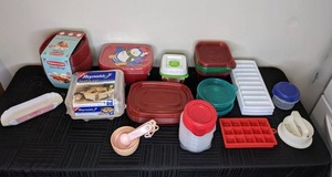 lot 284 image: Assortment of New and Used Rubbermaid, Ziplock & Reynolds Plastic Food Storage Containers, Kitchen Aid Measuring Cups, Ice Cube Trays, Hamburger Patty Maker