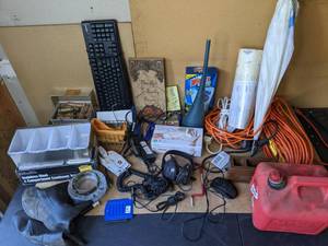 lot 222 image: Mixed Lot Keyboard, Umbrella, Totes Rainboots, Condiment Tray, Gas Can, Sony Headphones, and More