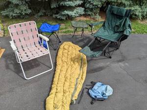 lot 205 image: Camping Gear Army Issue Sleeping Bag, Folding Webbed Chair, Folding Chair with Footstool, Folding Camp Table, Side Table