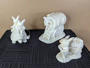 lot 153 image: (3) Department 56 Ceramic Figurines - Springtime Snowbunnies Its Working...Were Going Faster, Baby Easter Egg, and My Woodland Wagon at Dragonfly Hollow