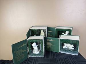 lot 160 image: (4) Department 56 Ceramic Figurines Winter Tales of the Snowbabies Collection - Frosty Forest, Are You On My List, Now I Lay Me Down to Sleep, Hold on Tight