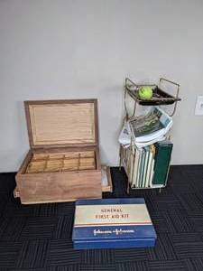 lot 271 image: Johnson & Johnson General First Aid Kit, BookMagazine Stand and Wooden Compartment Box