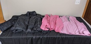 lot 262 image: Womens Guess Black Jacket, Adidas Pink Size Large Zip-Up Light Jacket, and Adidas Pink Size Extra Large Wind Vest