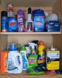 lot 189 image: Wide Assortment of Laundry and Cleaning Products All, Biz, Spray & Wash, Oxi Clean, Finish, Bounce, Windex and More