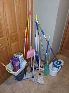 lot 192 image: Collection of Floor Care Supplies Mops, Swifter WetJet, Bucket, Dustpan, Brooms, Etc.