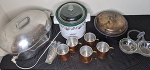 lot 340 image: Collection of Cookware Vintage Wm. Rogers Spring Flower Dish with Lid, Rival CrockPot, Coppercraft Guild Mugs & More
