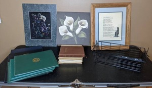 lot 342 image: Mixed Lot Organizer, Framed and Unframed Artwork, Holy Bible, Variety of Certificate Holders and More