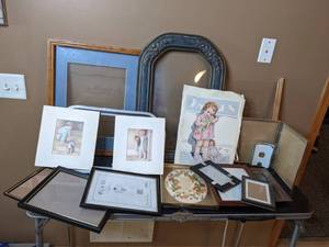 lot 358 image: Collection of Approximately 10 Photo Frames, Plus Prints by Bessie Pease Gutmann, Framed Quilled Invitation and Embroidered Piece
