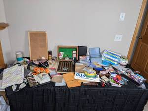 lot 300 image: Assortment of Crafts Supplies Pens, Sharpies, Note Pads, Glue Gun, Thread, Pins, Envelopes and Much More
