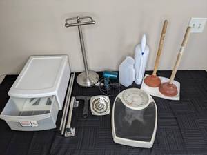 lot 297 image: Assortment of Bathroom Accessories Hair Dryer, Toilet Paper Holder, Towel Handle, Scale, Sterilite Clearview 17 Qt. Drawer Storage and More