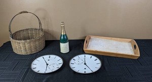 lot 333 image: Home Decor Dept 56 Clock Face Porcelain Plates, Serving Tray, Basket, and Millenium Vineyard Champagne Candle