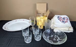 lot 328 image: Vintage Mellor & Co Vernon Floral Platter, 1996 Oakland Hills US Open Low Ball Glasses, Embroidered Dish Towels and More