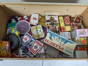 lot 73 image: Vintage Collection of Games and Card Games Playing Cards, Flash Cards, Rook, Hit the Deck, Poker Chips, Flinch and Much More