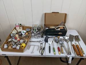 lot 42 image: Large Assortment of Cookie Cutters, Spatulas, Ladles, Knifes, Ice Cream Scoop, Measuring Spoons, Scissors and Much More