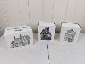 lot 39 image: RETIRED Department 56 Heritage Village Collection Butter Tub Farmhouse, Elf Bunk House and Geo Weeton Watchmaker