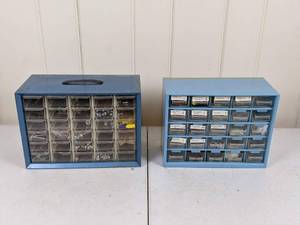 lot 31 image: Set of (2) Small Parts Organizers with Tools Screws, Nails, Tacks, Screw Eyes, Fasteners, Clips, Plastic Anchors and More