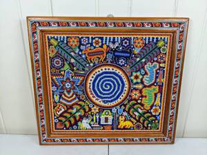 lot 10 image: Beautiful Vintage Beaded Artwork on Wood Frame