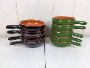 lot 37 image: Collection of (9) Ceramic Bowls with Handles in Green and Brown