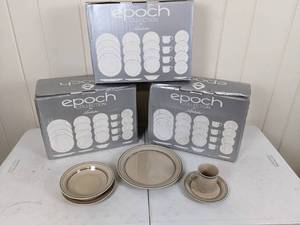 lot 22 image: Large Vintage Collection of (3) Box Sets of Noritake Epoch Palette 663 Sand Dinner Plates, Salad Plates, Bowls, Tea Cups, and Saucers