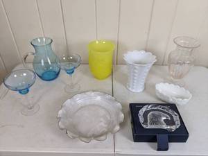 lot 107 image: Collection of Swedish Crystal, Milk Glass Vases, Stemmed Glasses and More