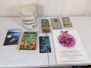 lot 115 image: Collection of Vintage Boy Scout Handbook, Camp Songs, Campfire Marshmallow Metal Tin and More