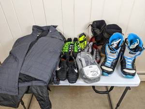 lot 123 image: Assortment of Sporting Gear, Rossignol Snow Boots, Cleats, Petzl Adjama Harness, Holloway Light Jacket and More