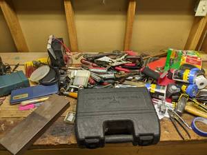 lot 108 image: Large Assortment of Hand Tools Universal Hand Saw, Hand Axe, Hammers, Wrenches, Drive Socket Set, FlatScrew Drivers, Scrappers, Painters Masking Film and Much More