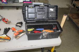 16 Plastic Tool Box w Hand Tools - Scrapers, Pliers, Cutters, Flashlight, Misc. Tools