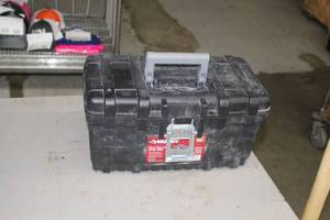 16 Plastic Tool Box w Hand Tools - Wrenches, Ratchet, Oil Filter Strap Wrench, Misc. Tools