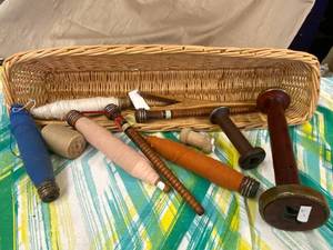 lot 299 image: Basket of Wood Thread Spools