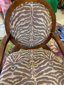 lot 401 image: Antique Wood Arm Chair with Zebra Print Seat and Back