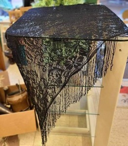 lot 48 image: Antique Civil War Era Black Lace Fringed Shawl