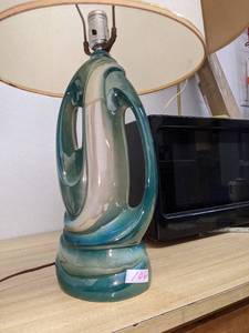 lot 120 image: Mid Century Modern Turquoise and White Swirled Ceramic Lamp