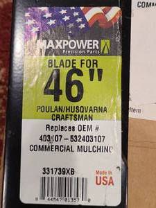 lot 93 image: MaxPower 331739XB Commercial Mulching Blade for 46 in. Cut Craftsman, Husqvarna, and Poulan Mowers Replaces OEM #s 403107 and 532403107