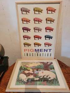 lot 69 image: Framed Prints For Pig Lovers- Landscape with Pigs by Raul Del Rio 30.5 x 23 and  Pigment of Your Imagination 38 x 26