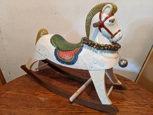 lot 43 image: Treasure Mid-Century Modern 1950s Harry The Hairless Rocking Horse Train Rite Toys