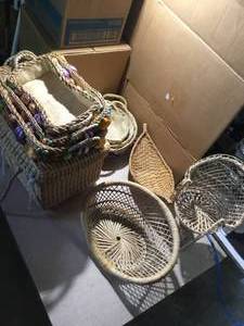 wicker items chairs, warmers picnic basket.