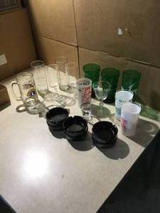 Various glasses, ashtrays shot glass
