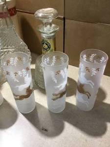3 decanters glass and Seagrams decanter and 6 horse glasses.