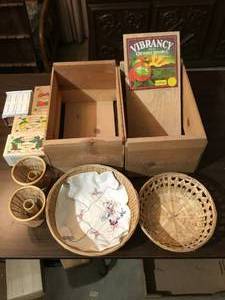 wooden boxes and wicker and misc.