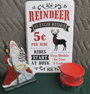 ENAMEL CHRISTMAS SIGN  WOOD SANTA  PYREX